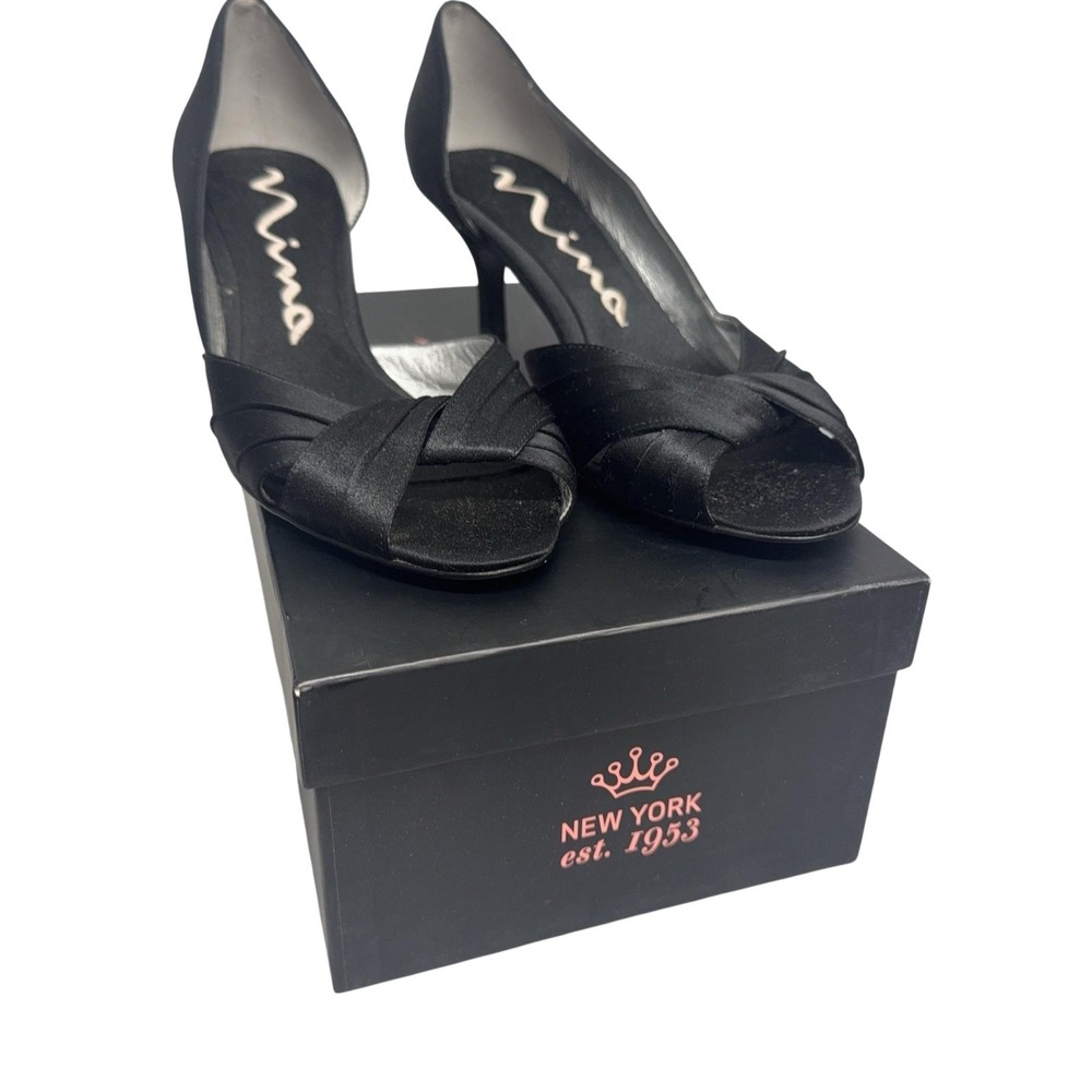 Nina Culver-LS Shoes Womens Size 7.5 Black Pleated Peep Toe Satin Heels Pumps